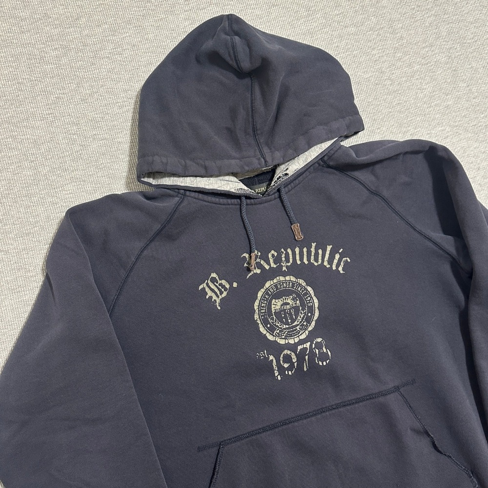 Banana Republic Graphic Pullover Hoodie Distressed Y2K Navy Blue Mens Size L - Picture 3 of 11